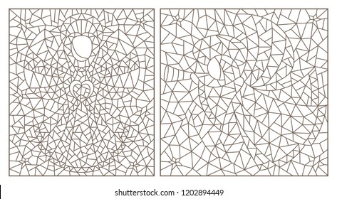 Set of contour illustrations with abstract angels, dark outlines on white background