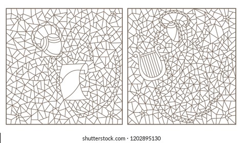 Set of contour illustrations with abstract angels, dark outlines on white background