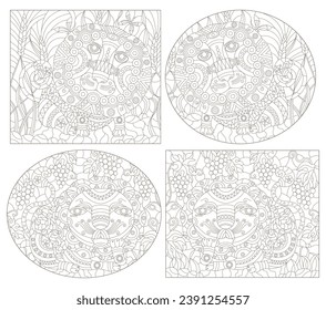 A set of contour illustrations with abstract cute lions, dark contours on a white background