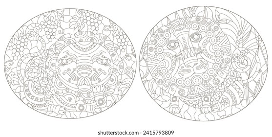 A set of contour illustrations with abstract cute lions, dark contours on a white background