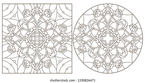 Set of contour illustrations with abstract floral patterns, round and square image, dark contours on white background