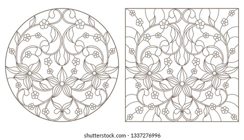 Set of contour illustrations with abstract floral patterns, round and square image, dark contours on white background
