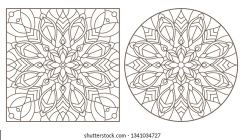 Set of contour illustrations with abstract floral patterns, round and square image, dark contours on white background