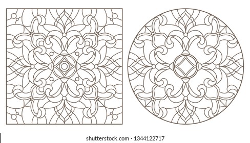 Set of contour illustrations with abstract floral patterns, round and square image, dark contours on white background