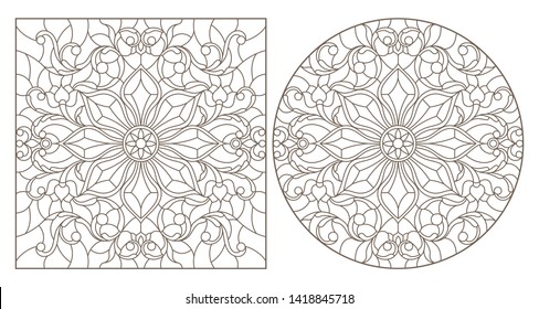 Set of contour illustrations with abstract floral patterns, round and square image, dark contours on white background