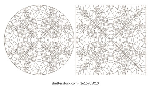 Set of contour illustrations with abstract floral patterns, round and square image, dark contours on white background