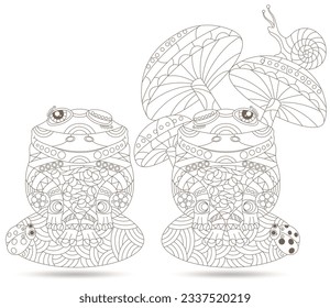 A set of contour illustrations with abstract frogs, dark contours on a white background