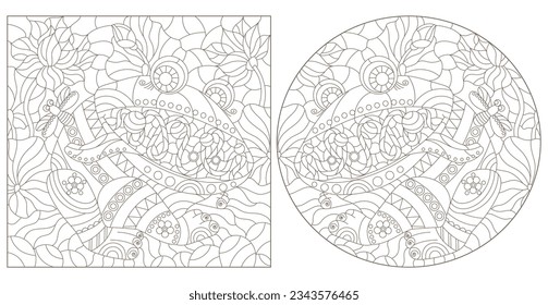 A set of contour illustrations with abstract frogs, dark contours on a white background