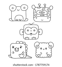 Set of contour illustrations of animals for children, scrapbooking and coloring books, isolated on a white background