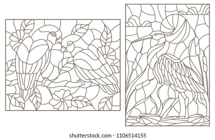 Set of contour illustrations with birds, Heron and a pair of parrots lovebirds, dark contours on a white background