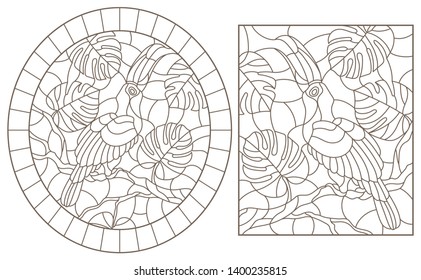 Set contour illustrations with birds toucans on branches of a tropical tree , a dark outline on a white background