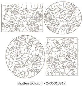 Set contour illustrations with birds toucans on branches of a tropical tree , a dark outline on a white background