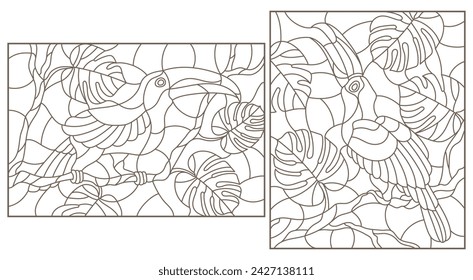 Set contour illustrations with birds toucans on branches of a tropical tree , a dark outline on a white background