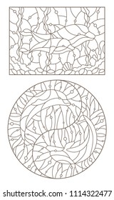Set of contour illustrations by dolphins, round and rectangular image, dark contours on a light background