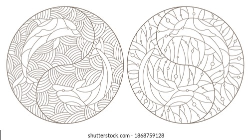 Set of contour illustrations by dolphins, round  images, dark contours on a light background