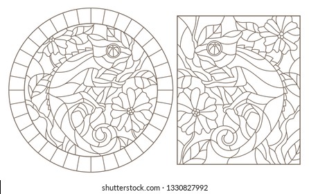 A set of contour illustrations with chameleons on the background of branches of a flowering plant, dark contours on a white background