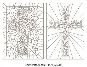 Set contour illustrations with Christian cross and flowers ,black contour on white background