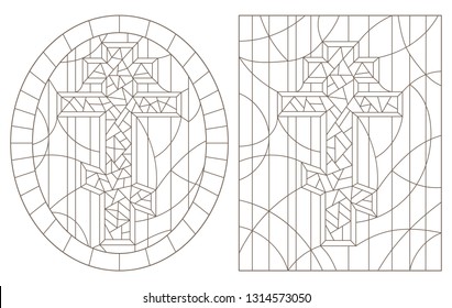 Set contour illustrations with Christian cross  ,black contour on white background
