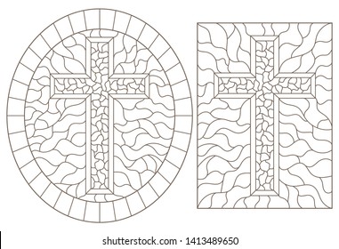 Set contour illustrations with Christian cross  ,black contour on white background