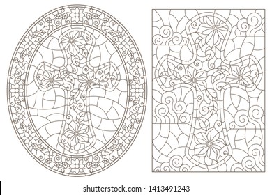 Set contour illustrations with Christian cross and flowers ,black contour on white background