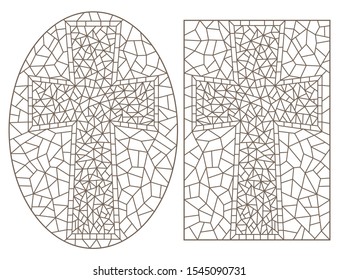 Set contour illustrations with Christian cross  ,black contour on white background