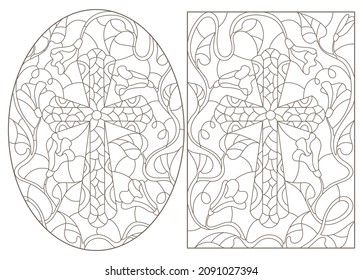 Set contour illustrations with Christian cross and flowers ,black contour on white background