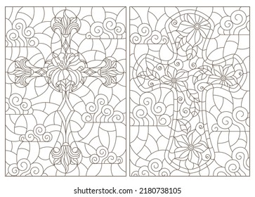 Set contour illustrations with Christian cross and flowers ,black contour on white background