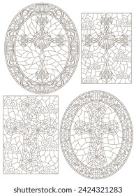 Set contour illustrations with Christian cross and flowers ,black contour on white background