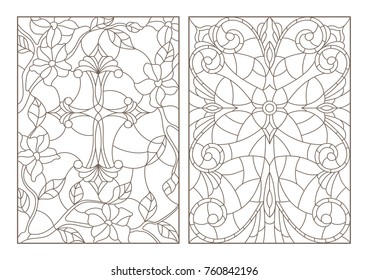 Set contour illustrations with Christian cross and flowers ,black contour on white background