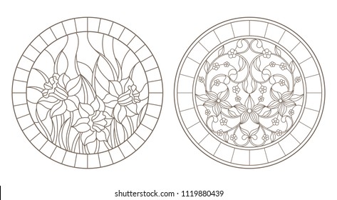 Set of contour illustrations with colors, round images, dark contours on white background