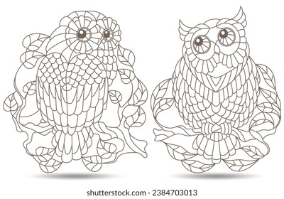 Set of contour illustrations with a cute owls on a branches, dark contours on white background