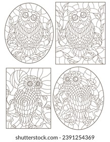 Set of contour illustrations with a cute owls on a branches, dark contours on white background