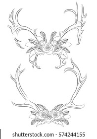 Set of contour illustrations deer antlers with roses and feathers. Boho. Vector element for your creativity