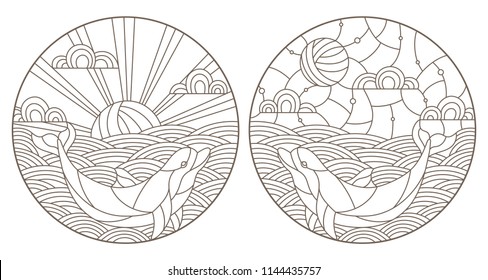 Set contour illustrations with dolphins on the waves and the sky , the dark outline on a white background