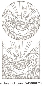 Set contour illustrations with dolphins on the waves and the sky , the dark outline on a white background