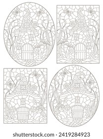 A set of contour illustrations with dwarf houses on a background of mushrooms and grass, dark outlines on a white background