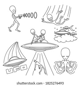 Set of contour illustrations with extraterrestrial aliens on white background.
