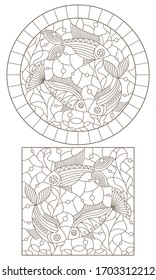 A set of contour illustrations with fish on a background of water and algae, dark outlines on a white background