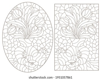 Set of contour illustrations with flower still lifes, tulips in vases and fruit, dark outlines on a white background