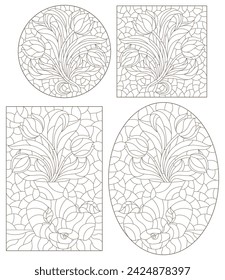 Set of contour illustrations with flower still lifes, tulips in vases and fruit, dark outlines on a white background
