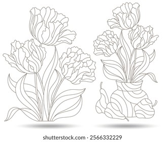 Set of contour illustrations with flower still lifes, tulips in vases and fruit, dark outlines on a white background