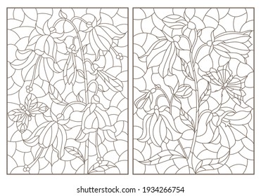 Conjunto de ilustraciones de contorno con flores, campanas y mariposas, contornos oscuros sobre un fondo blanco, imagen rectangular