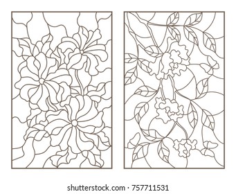 Set contour illustrations of flowers, the rose with the butterflies and petunias, dark outline on a white background