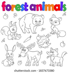 Set of contour illustrations with forest animals, dark outlines on a white background, coloring book