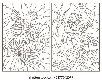 Conjunto de ilustraciones de contorno con peces dorados sobre el agua y el fondo de las conchas, contornos oscuros sobre el fondo blanco