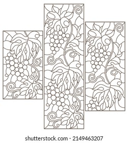 A set of contour illustrations with grape vines, dark contours on a white background