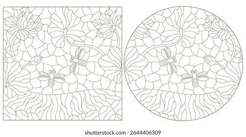 Um conjunto de ilustrações de contorno com flores de lótus e libélulas, contornos escuros em um fundo branco