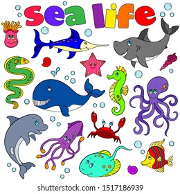A set of contour illustrations with marine life, funny cartoon animals isolated on a white background 