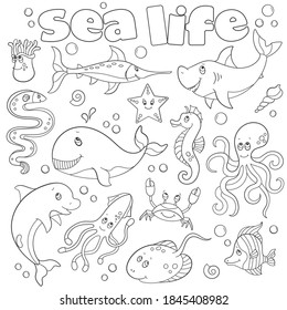 A set of contour illustrations with marine life, funny dark outline cartoon animals on a white background , coloring book