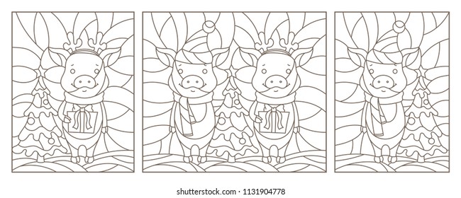 Set of contour illustrations for the new year, funny pigs, dark contours on a white background